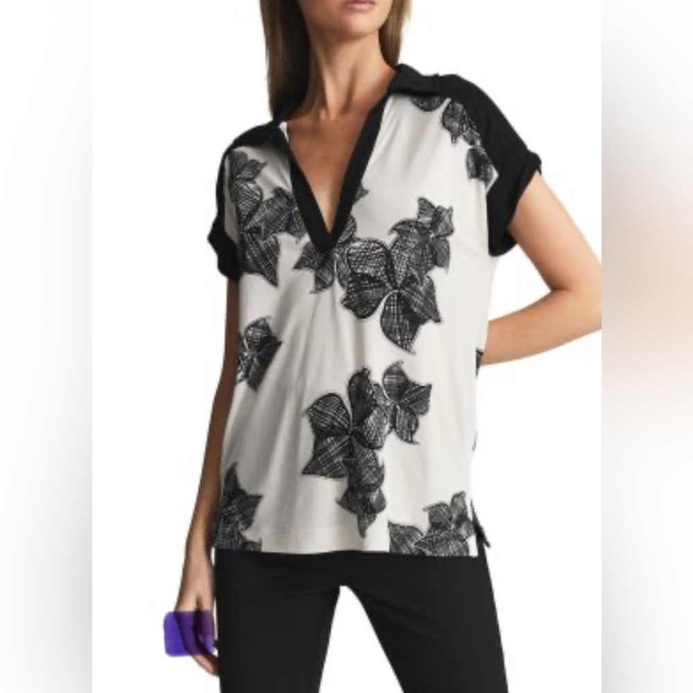 Reiss women’s small Daria floral print top point collar v neck Bloomcore garden